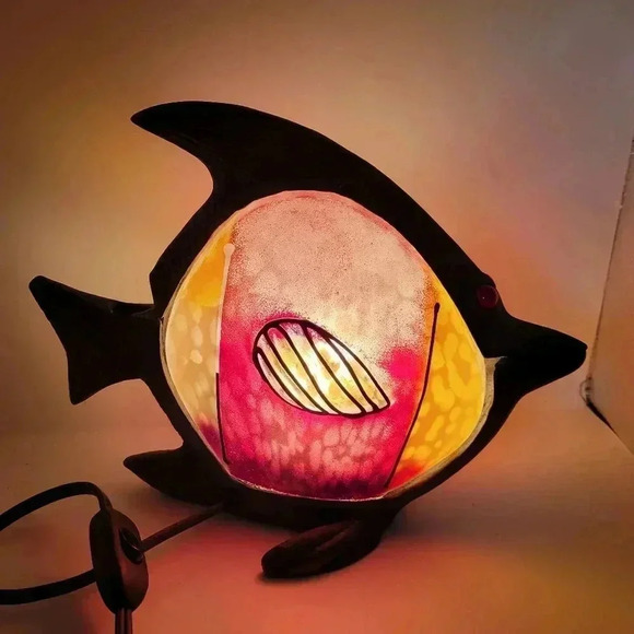 VTGShanghai Crafts Brass Metal Lamp - Fish - Glass elements - red, yellow 80's